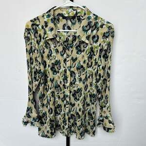 Essentials by Milano Pleated Print Button Up Blouse Ruffle Bell Sleeves Size XL